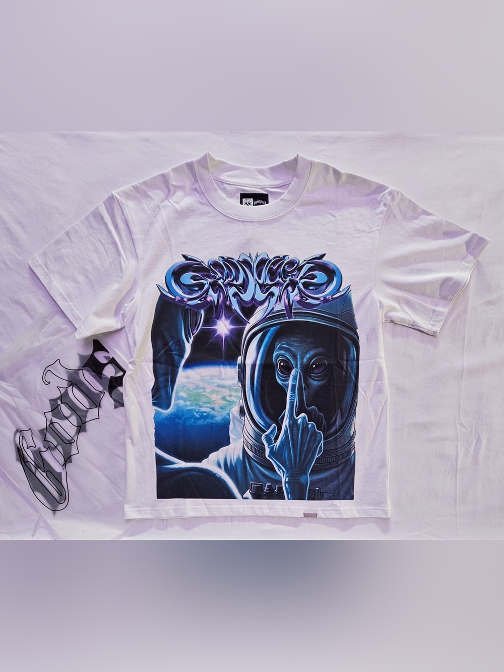 White Godspeed Graphic Tee with Blue Alien Astronaut Design